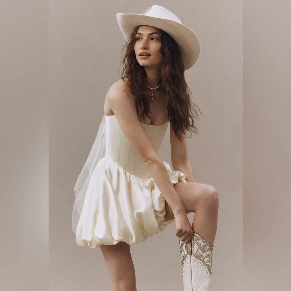 Strapless Cream Mini Dress with Bubble Hem - Picture 6 of 7